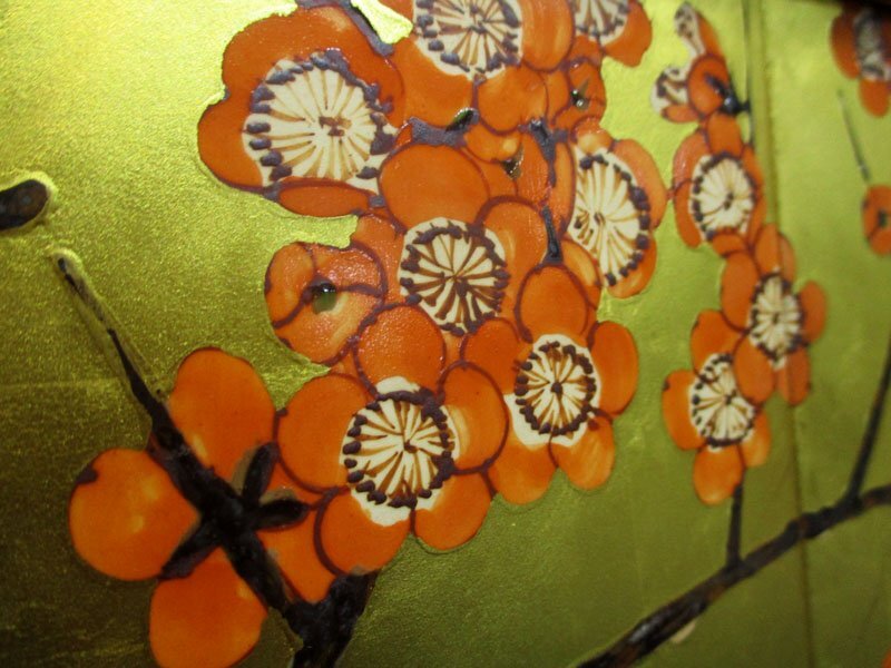 G471 琥山窯 金箔押陶板四双 梅紋 陶板画 /有田焼 金襴手 金箔押し