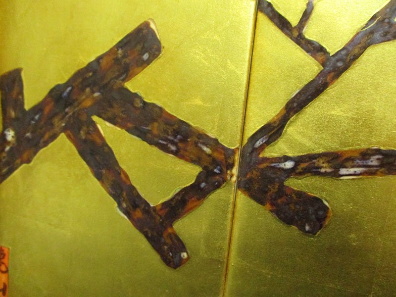 G471 琥山窯 金箔押陶板四双 梅紋 陶板画 /有田焼 金襴手 金箔押し