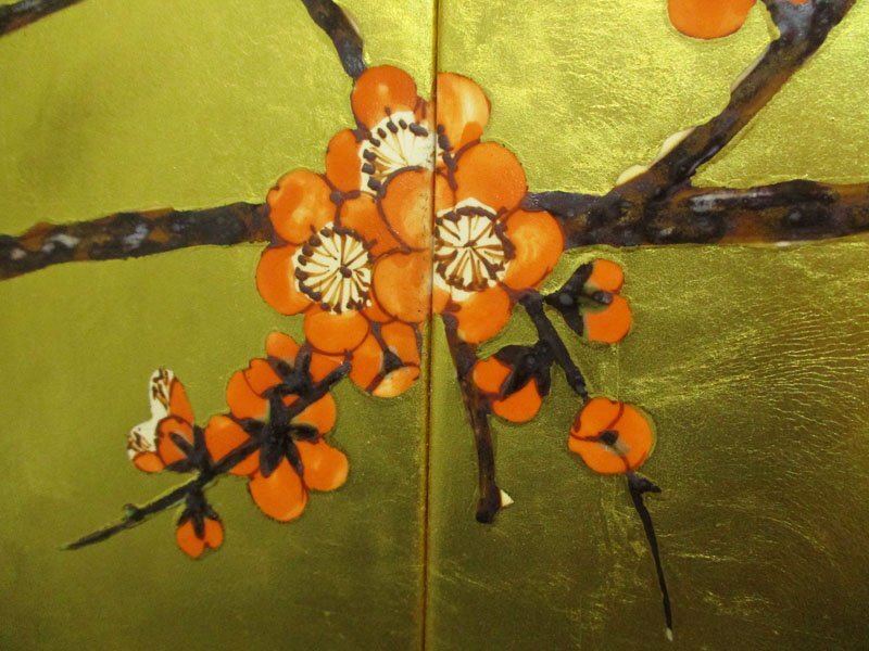 G471 琥山窯 金箔押陶板四双 梅紋 陶板画 /有田焼 金襴手 金箔押し