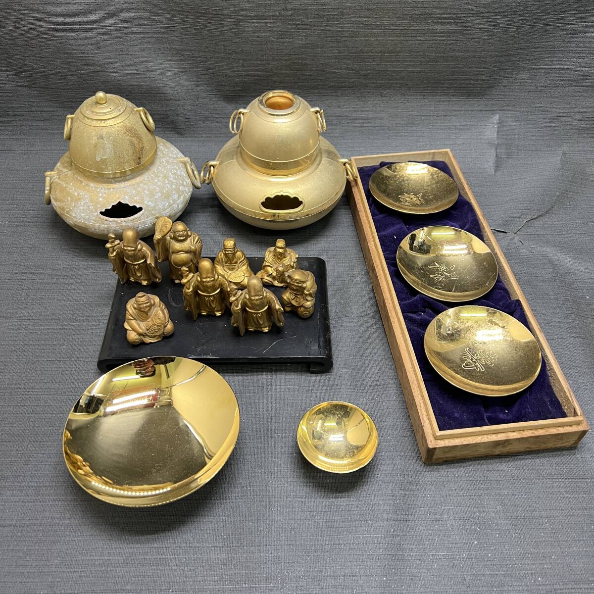 ▽24K GP 盃 約2Kg まとめ 七福神 真鍮 約1Kg 置物 金色仏具風