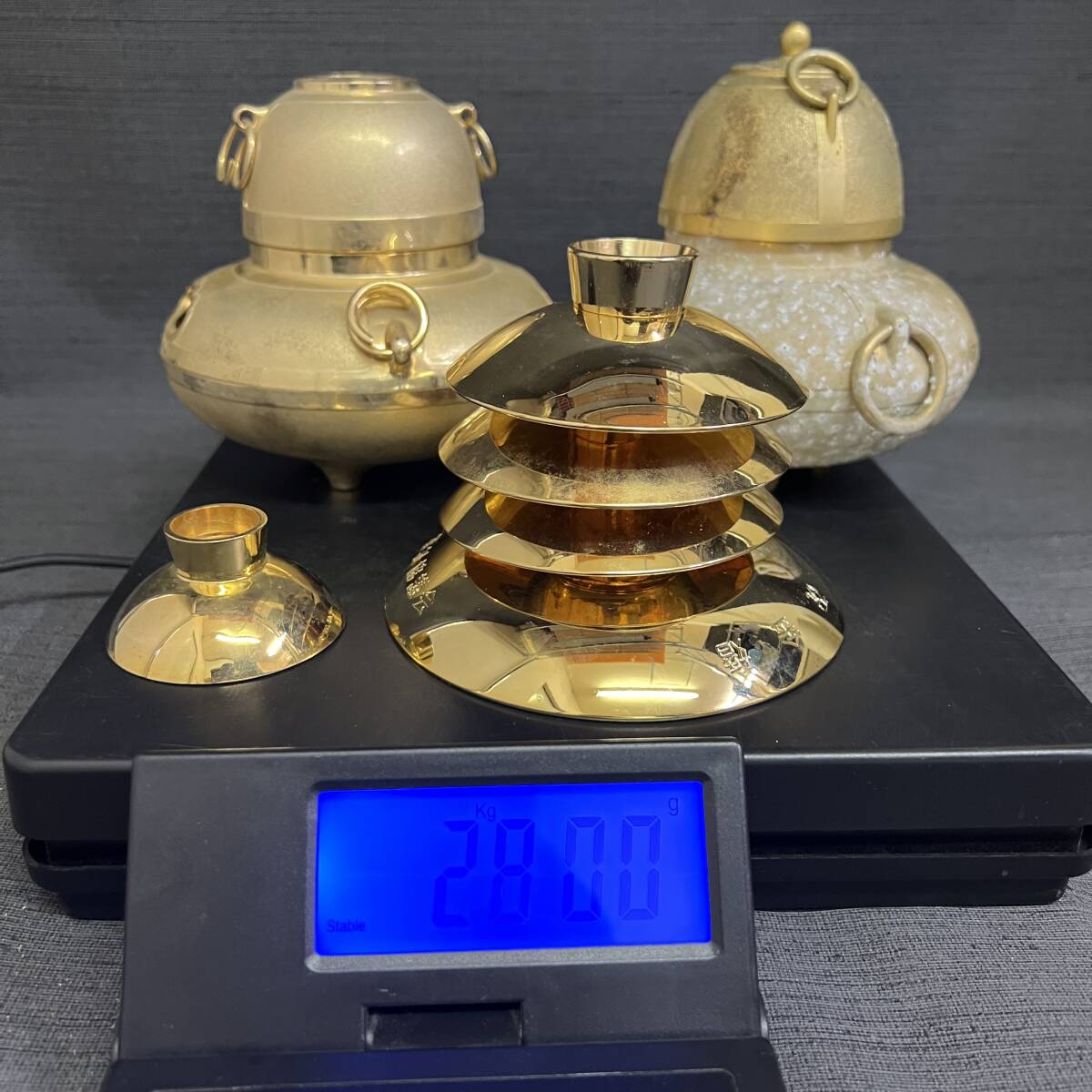 ▽24K GP 盃 約2Kg まとめ 七福神 真鍮 約1Kg 置物 金色仏具風
