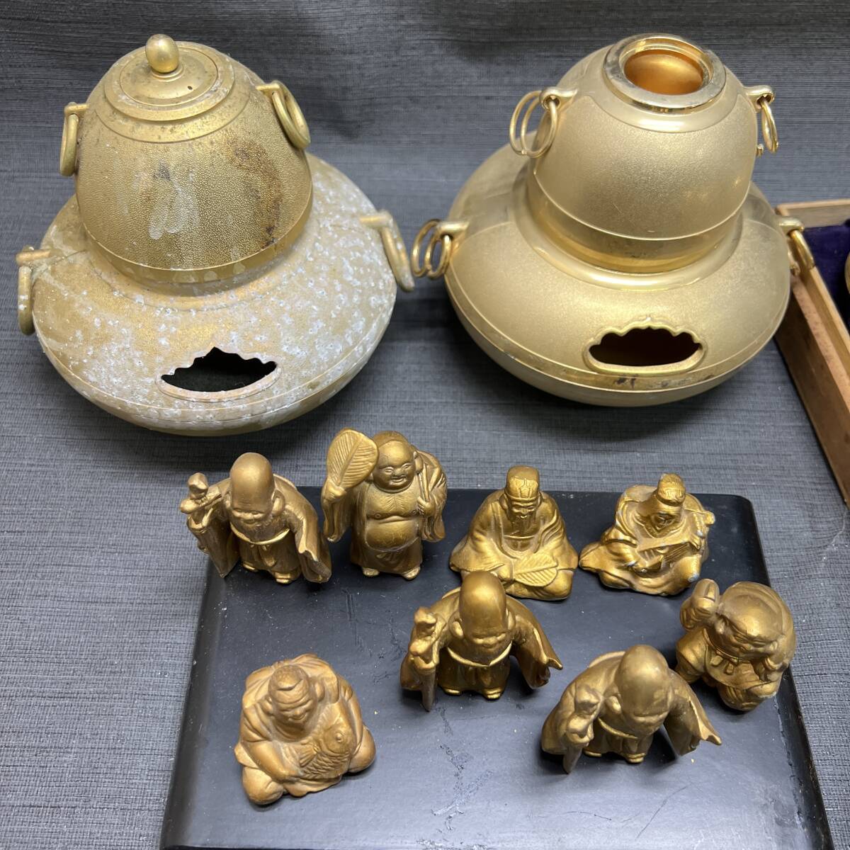 ▽24K GP 盃 約2Kg まとめ 七福神 真鍮 約1Kg 置物 金色仏具風