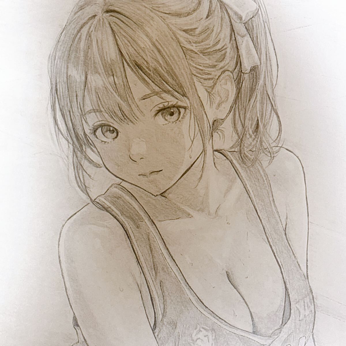 手描きイラスト 鉛筆画 バスケット ユニフォーム 谷間 巨乳 A4