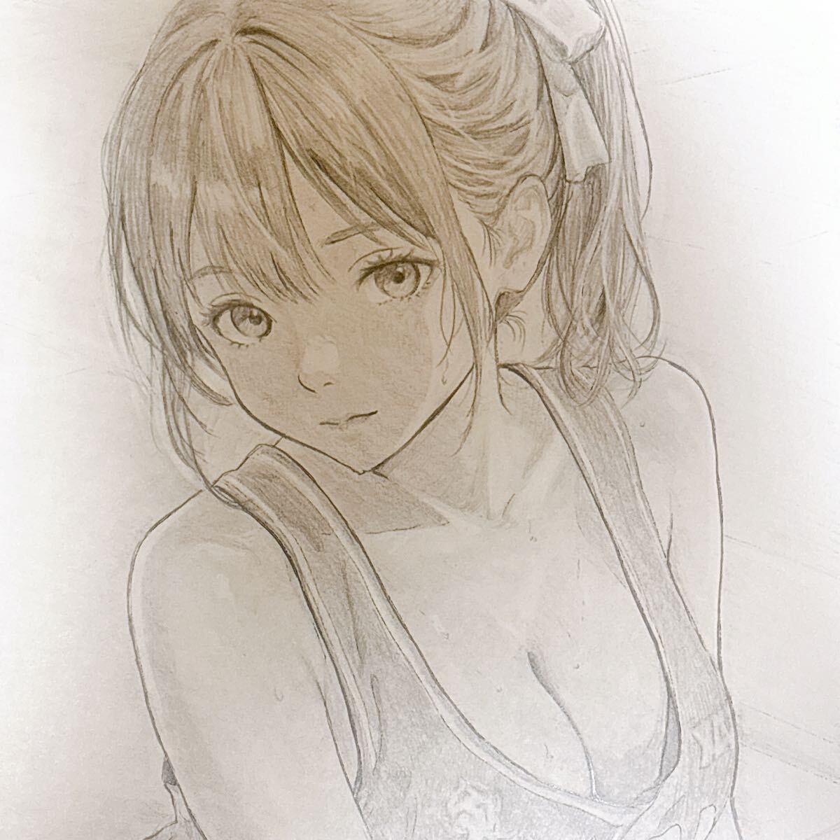 手描きイラスト 鉛筆画 バスケット ユニフォーム 谷間 巨乳 A4