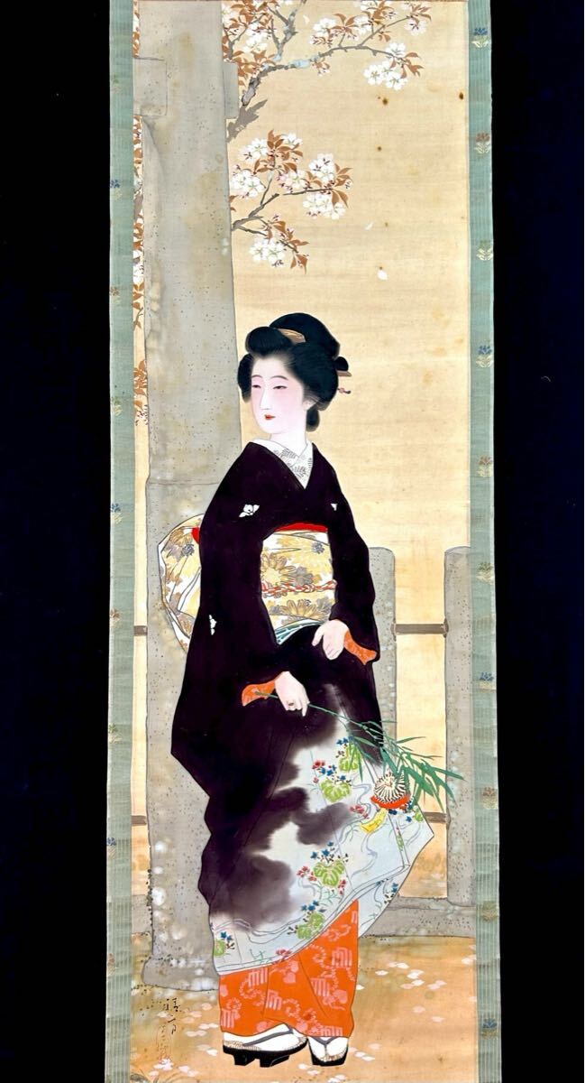 幽玄』真作保証 鏑木清方「美人画」肉筆絹本掛軸 日本画掛軸 大正