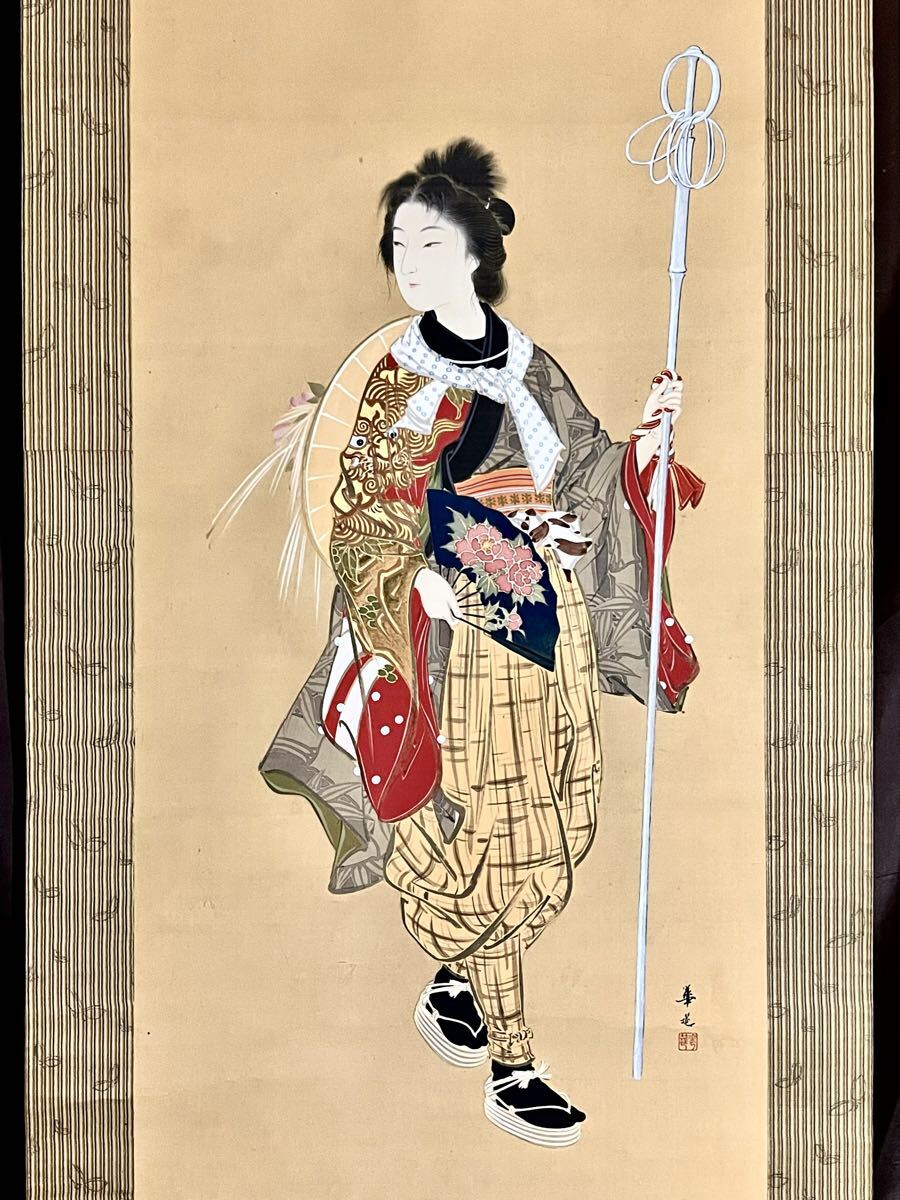 真作/重雄/美人画/舞妓/布袋屋掛軸HG-904 真作】【S8】岡田華延「手古舞」絹本 肉筆 共箱 金泥銀泥 美人画 歴史