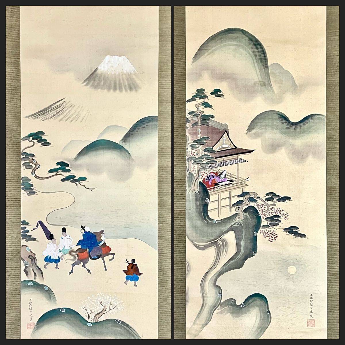 真作】【仙】土佐光貞「紫式部石山寺観月図 業平東下り図 双幅」絹本