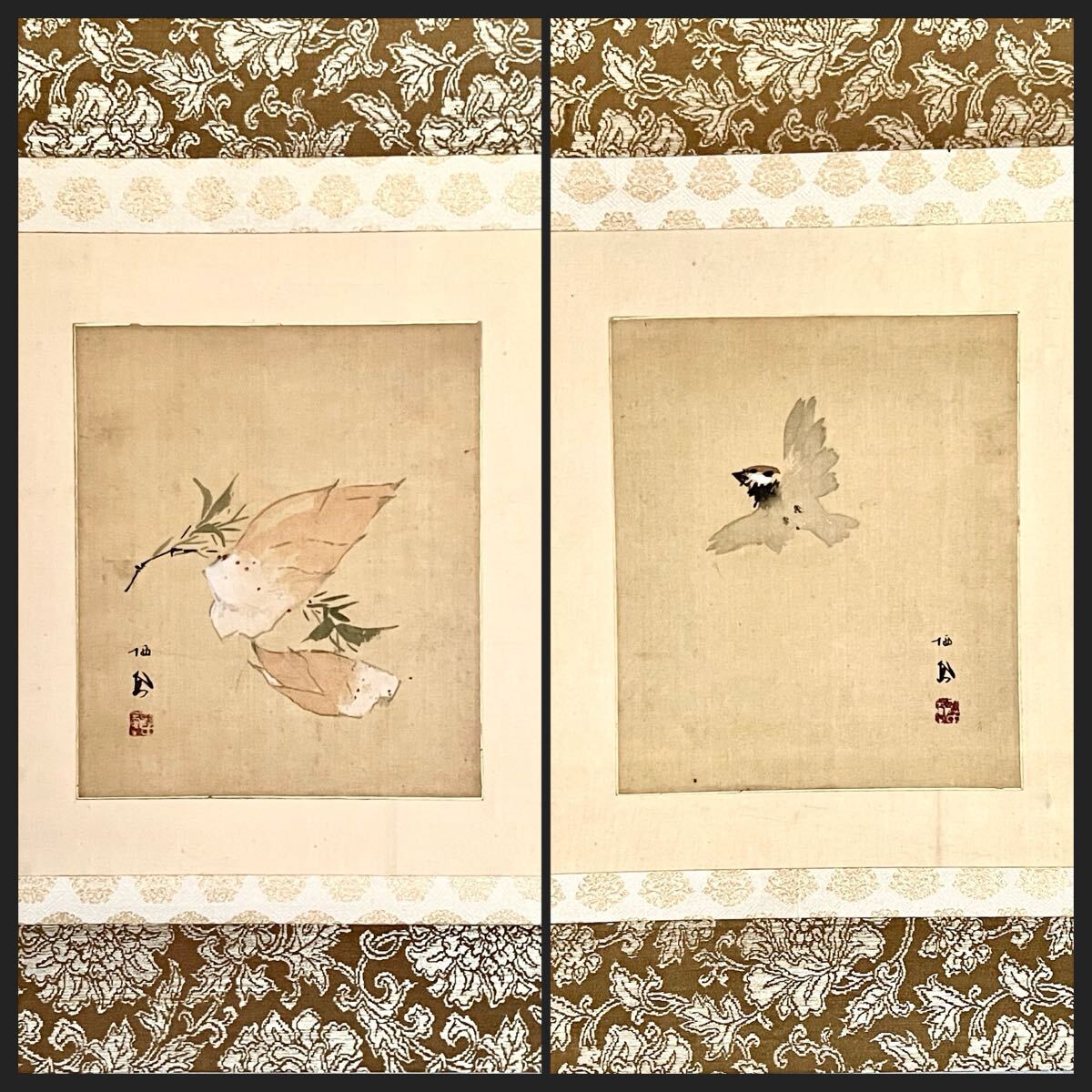 真作】【S8】竹内栖鳳「雀に筍 双幅」絹本 肉筆 合箱 秋景 花鳥図 鳥獣