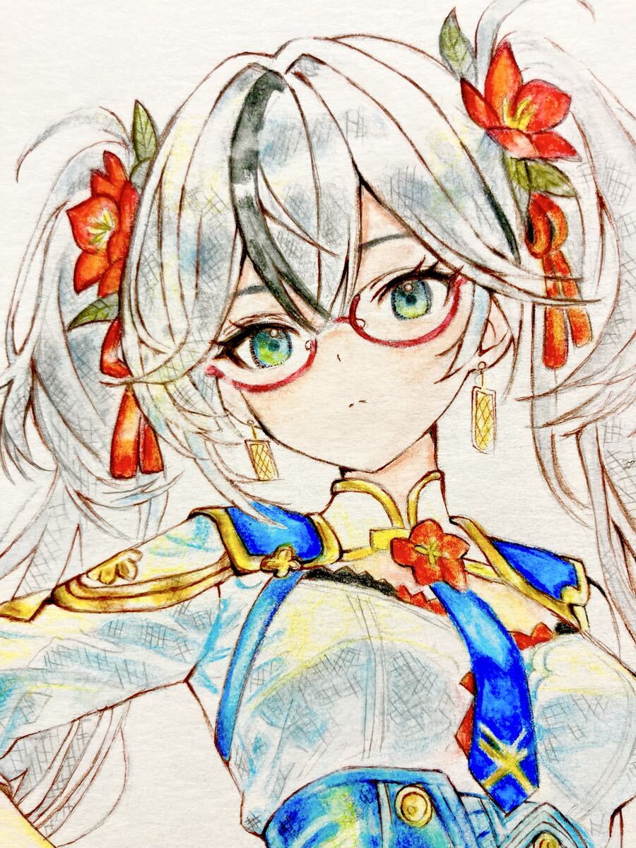 手描きイラスト ツインテール メガネ 色鉛筆画 A4 かわいい 女の子