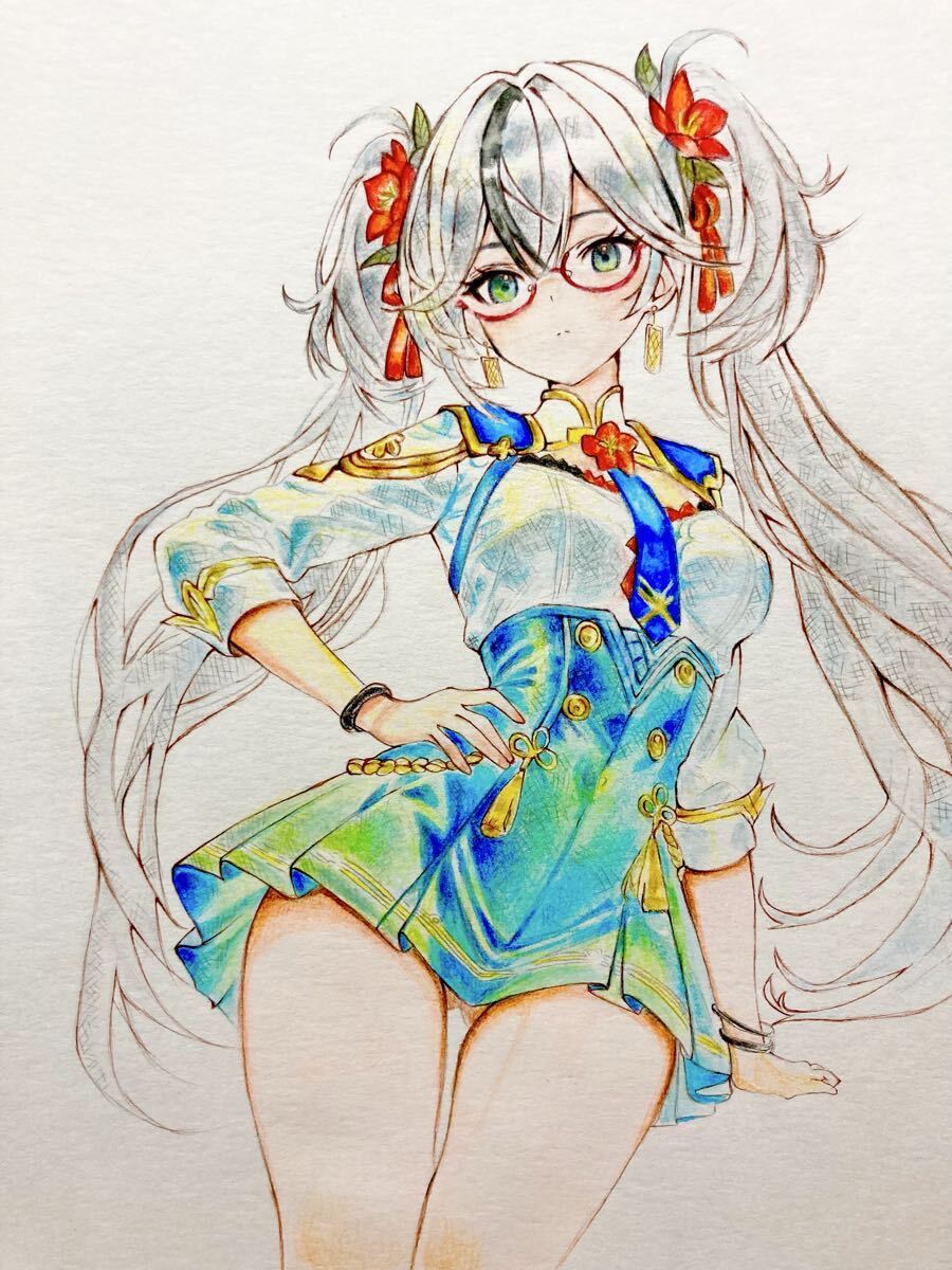 手描きイラスト ツインテール メガネ 色鉛筆画 A4 かわいい 女の子