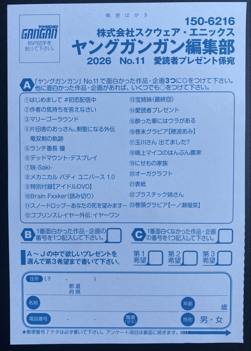 ヤングガンガン11号 愛読者プレゼント応募ハガキ 一ノ瀬瑠菜 穂波あみ