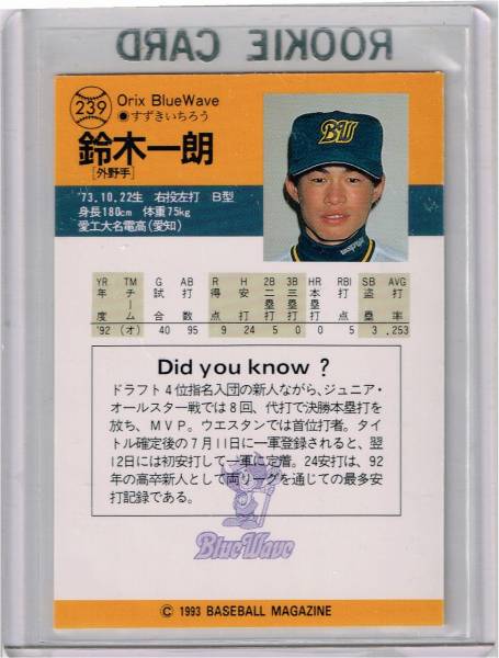 イチロー】鈴木一朗 ルーキーカード BBM 1993 #239 オリックスブルー 
