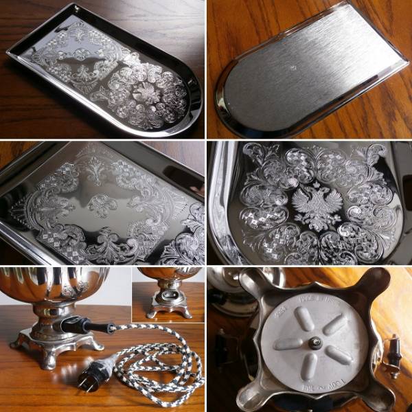 ロシア雑貨☆電気式サモワール(MADE IN USSR)3L銀色(中古)＆お盆(茶器