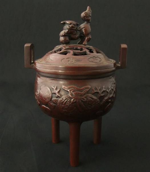 ☆銅製三足香炉 時代物 朱銅色 BR928 時代物 銅陽刻葫蘆蔦文双耳三足