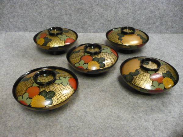 【文】12735 輪島黒塗沈金蒔絵煮物椀 5個 吸物菓子漆器