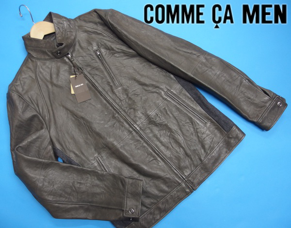 新品6.6万★コムサメン 本革ラムレザーブルゾンジャケットL灰★