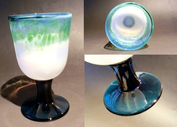 蔵出■なつめ型 大吹雪文三色氷コップ■青緑吹きガラス大正初出