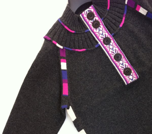 カシミヤ100％ニット◆ジャガード前立て+ラインボーダー