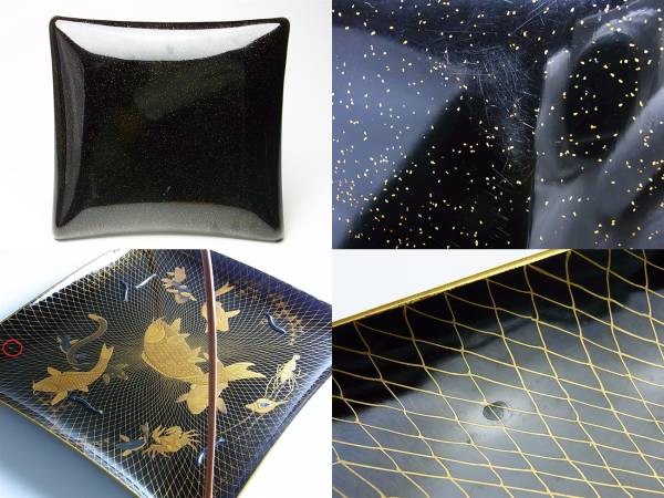 江戸期の大名道具！川魚紋網手本金蒔絵四方菓子器！鰌は純銀象嵌(漆芸