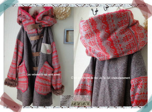 ハンドメイド::総裏ツイードウール赤ニットフードコート