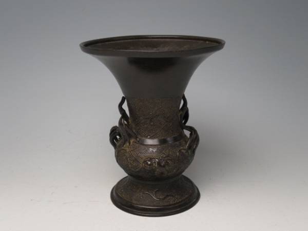 古銅 唐獅子 盛上彫刻 笹竹耳 広口花入 684g 中国古玩 2089h