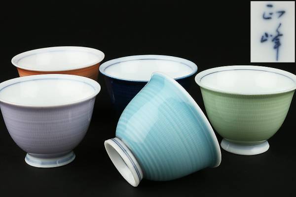 【航】煎茶道具 正峰作 五色 五彩 煎茶碗 五客