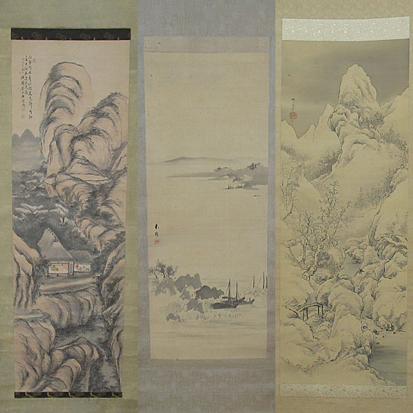 掛け軸 箱付 在銘 3点 雪景/山水/水墨など ジャンク扱