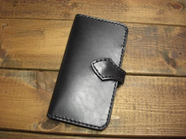 【本革iPhone6用 手帳型ケース】ハンドメイド　ヌメ革　黒(0)