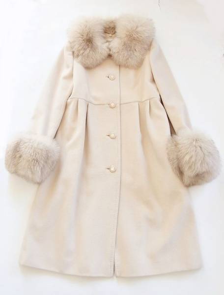 ハロッズ ベージュ ホワイト ファーAライン フレア コート3