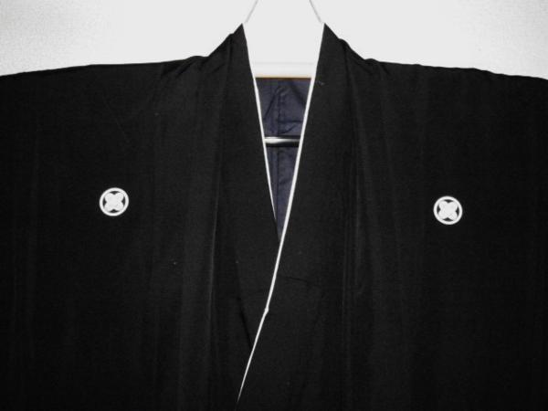 弓道茶道能楽モ-168 男黒紋付着物羽織付 違い鷹の羽 裄70К極上