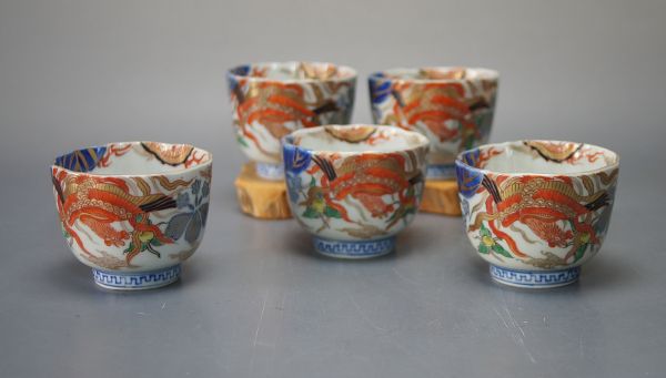 古伊万里通り物赤絵色絵鳳凰に龍の図桐の図輪花向付五個HHSE27 小皿