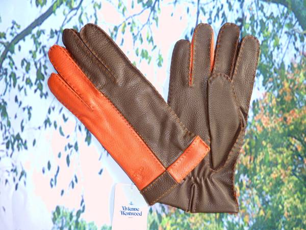 ヴィヴィアンウエストウッド/Vivienne Westwood 新品　紳士 オーブの型押し 柔らかい 羊革/鹿革/レザー ニット裏 手袋☆24cm