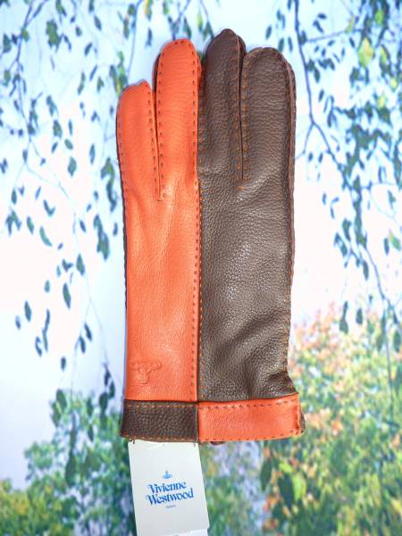 ヴィヴィアンウエストウッド/Vivienne Westwood 新品　紳士 オーブの型押し 柔らかい 羊革/鹿革/レザー ニット裏 手袋☆24cm