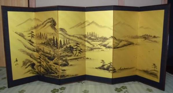 寿山先生筆　　山水　　屏風　　絹本　　真筆保証品　　蔵出し