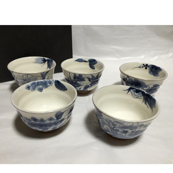 京焼 清水焼【土渕陶あん】染付 湯呑み 5客 新品正規箱 とうあん