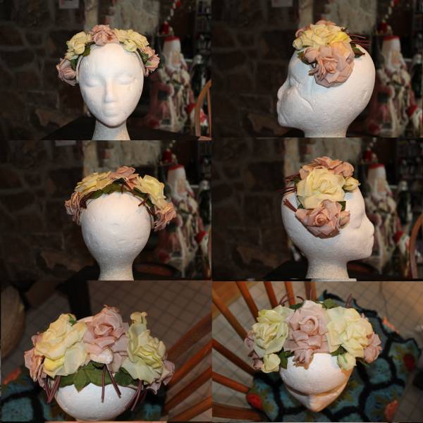 アンティーク黄&ベージュ大輪薔薇コサージュカチューシャ