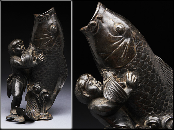 AN578 古銅金太郎鯉花生・銅花生・銅花器☆花瓶花插花活置物銅器