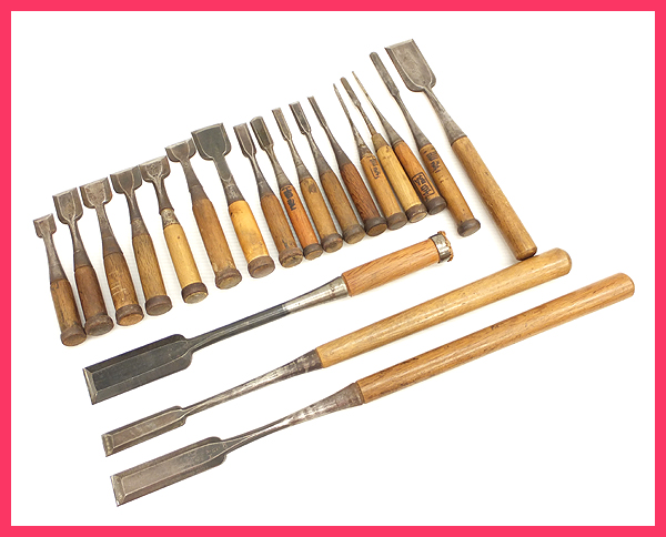 1円!在銘品あり/大工道具/大内/政繁他/突きノミ/鑿/計20本G0113A ノミ