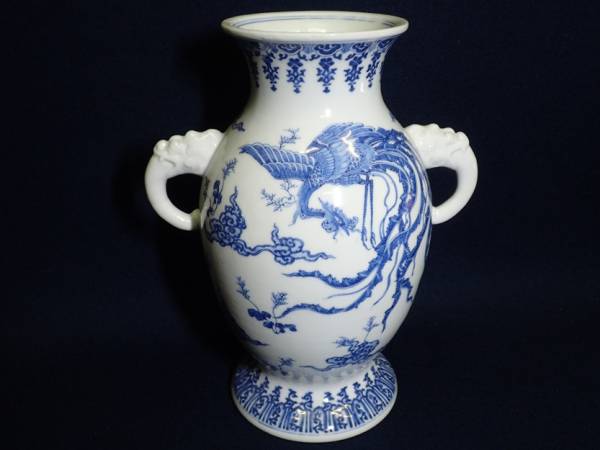古瀬戸　江戸期慶応上手鳳凰図染付花瓶　高さ：32cm