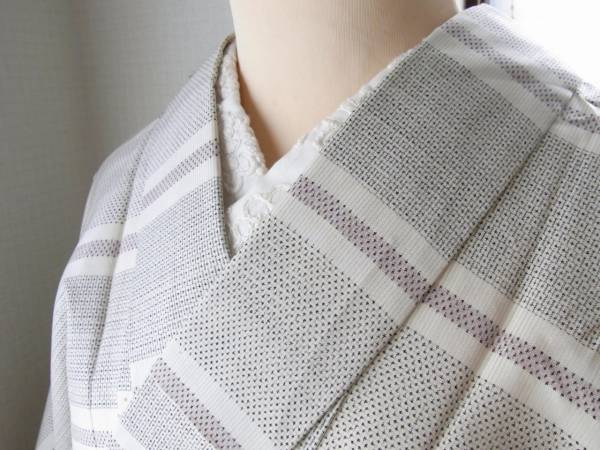 紬　ホワイト　亀甲　白と紫のボーダー【美品】いちりん