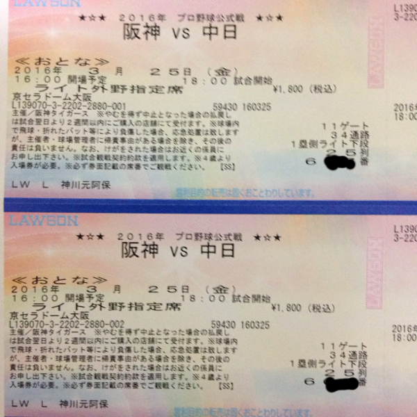 3/25阪神vs中日京セラライト外野下段25列ペア