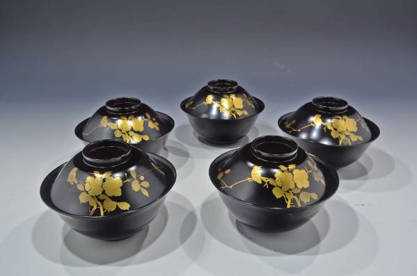 吸物椀 | 5客 輪島塗 黒 - 時代 金蒔絵 漆器 漆器の井助 平安象