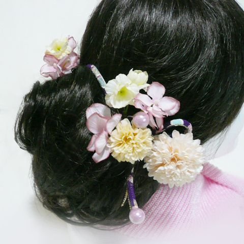花 髪飾り 連 菊と小花 和柄紐付 ピンク 結婚式 成人式 卒業式