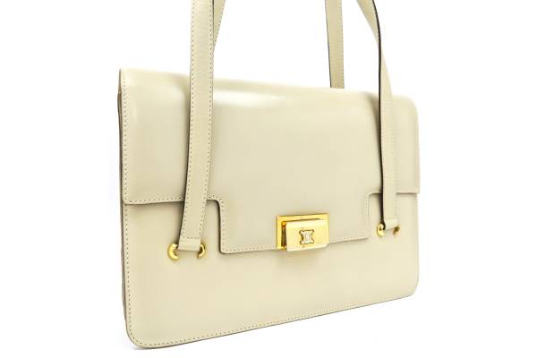 1円 良品！セリーヌ★レザーハンドバッグ GD金具 ベージュ 1417