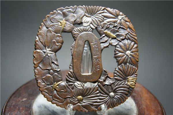 細工 唐銅金銀象嵌 蓮紋鍔 長門荻住在銘 刀装具 武具 7686