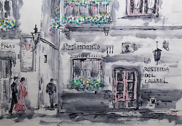 ■作者不詳■　【街角の風景】 水彩