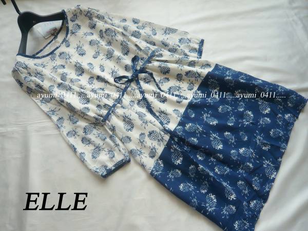 ELLEエル/白×ネイビー・パイナップル柄シフォンワンピース9号Ｍ