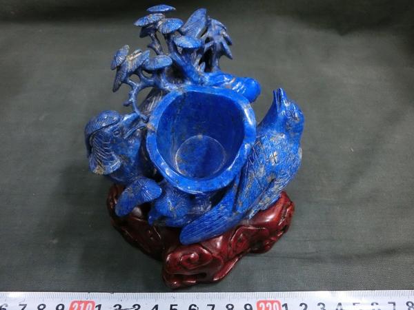 A11720 ラピスラズリ 石彫 双鳥図 水盂 置物 588g 杢坐付
