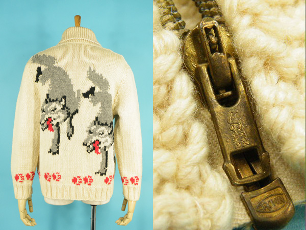 60s オオカミ ウルフ柄 ウルフ カウチンセーター 「両面 貴重!! 古着 