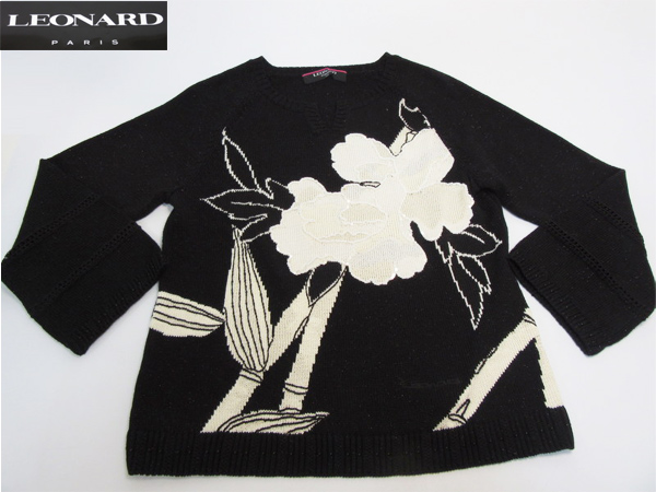 r70◆LEONARD/レオナール 花柄 長袖ニット 綿×絹　黒◆M